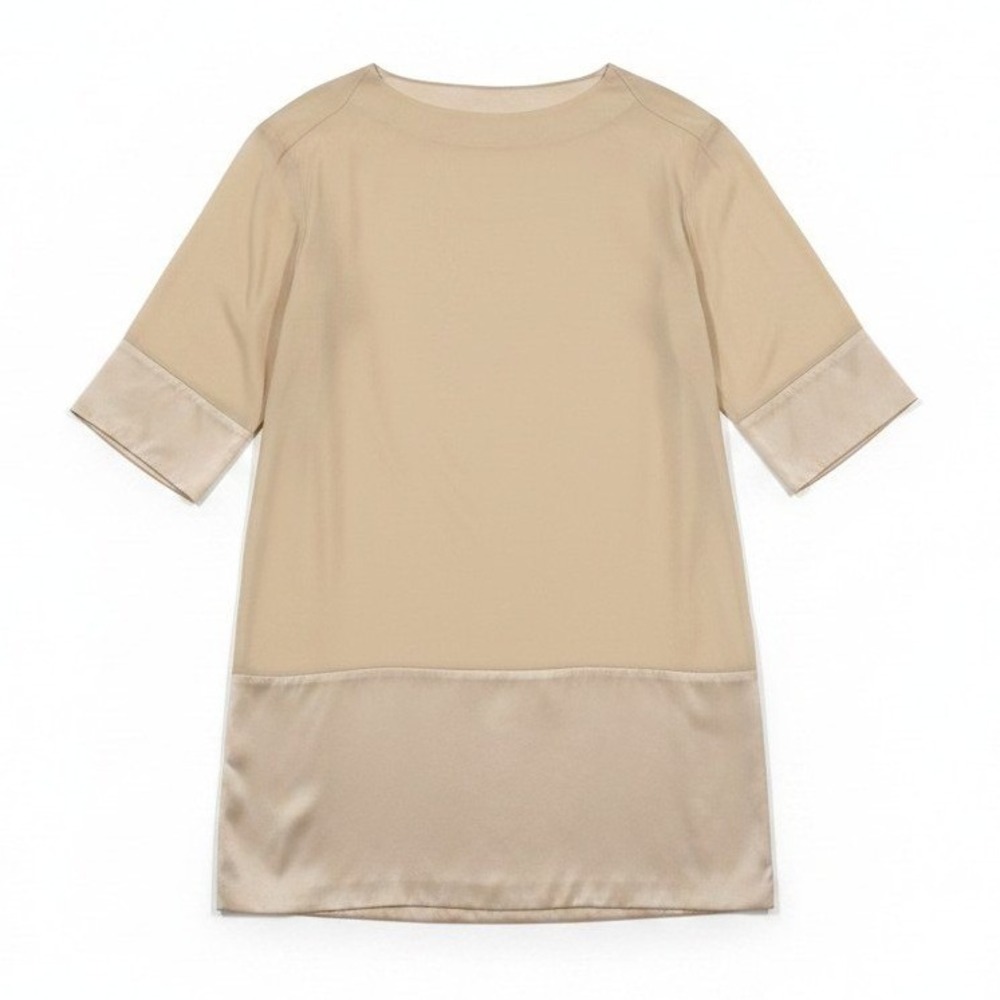 Lucza London Beige Stretch Silk Satin Trim Shift Dress Champagne‎ 3/4 Sleeve 4
